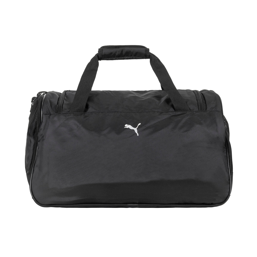 Backside of a black duffle bag called Foundation by Puma on white background, showing its top handles with the Puma logo printed in front.