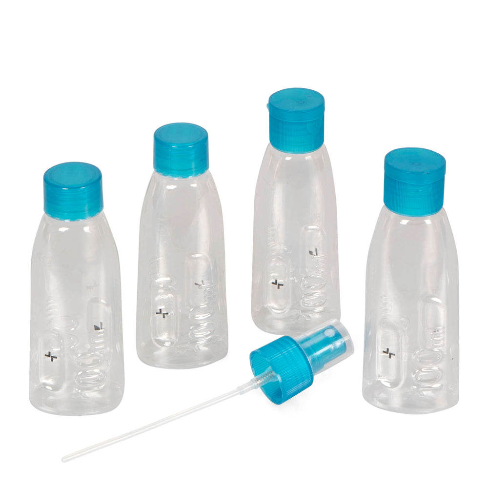 A set of 4 plastic travel bottles with blue caps and a spray nozzle laying on the white background, and all have the Tracker logo on the bottles.