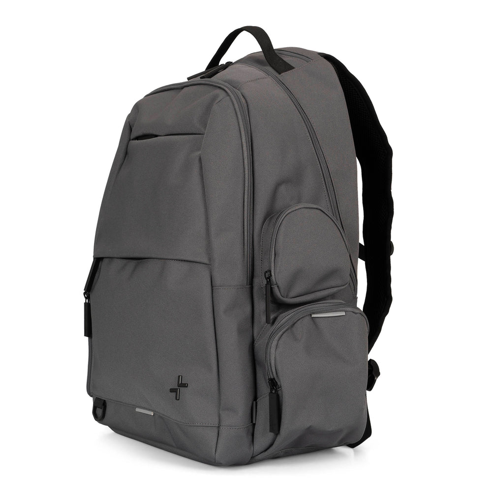 Angle view of a grey laptop backpack called Cartier 3.0 designed by Tracker on a white background, showcasing 2 side zipper pockets, 2 front pockets, a top handle, and 1 shoulder strap.
