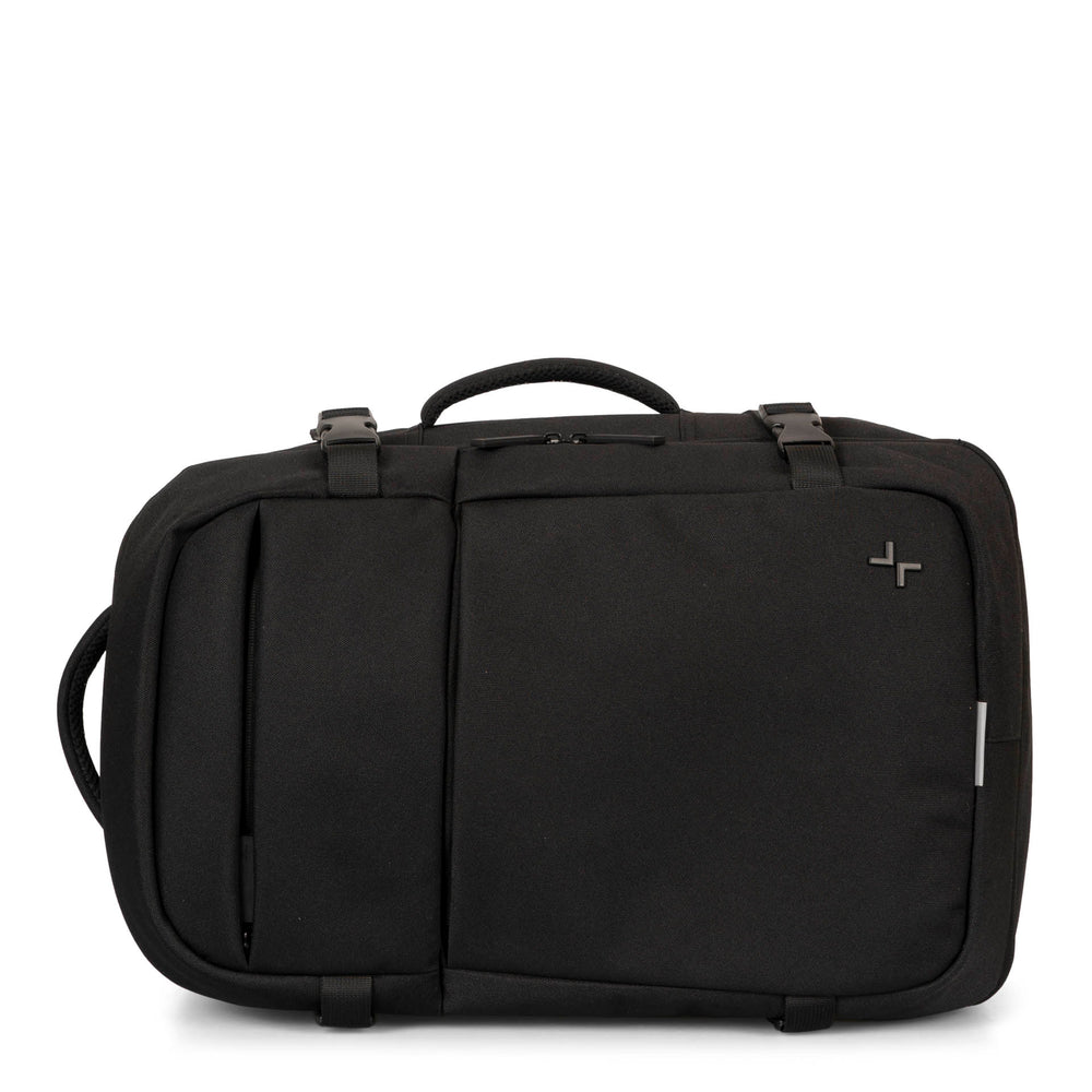 Horizontal view of a black backpack called West Bay 3.0 Convertible designed by Tracker showing 2 front pockets, top and side handle, top clips and tracker logo emobssed on the front.
