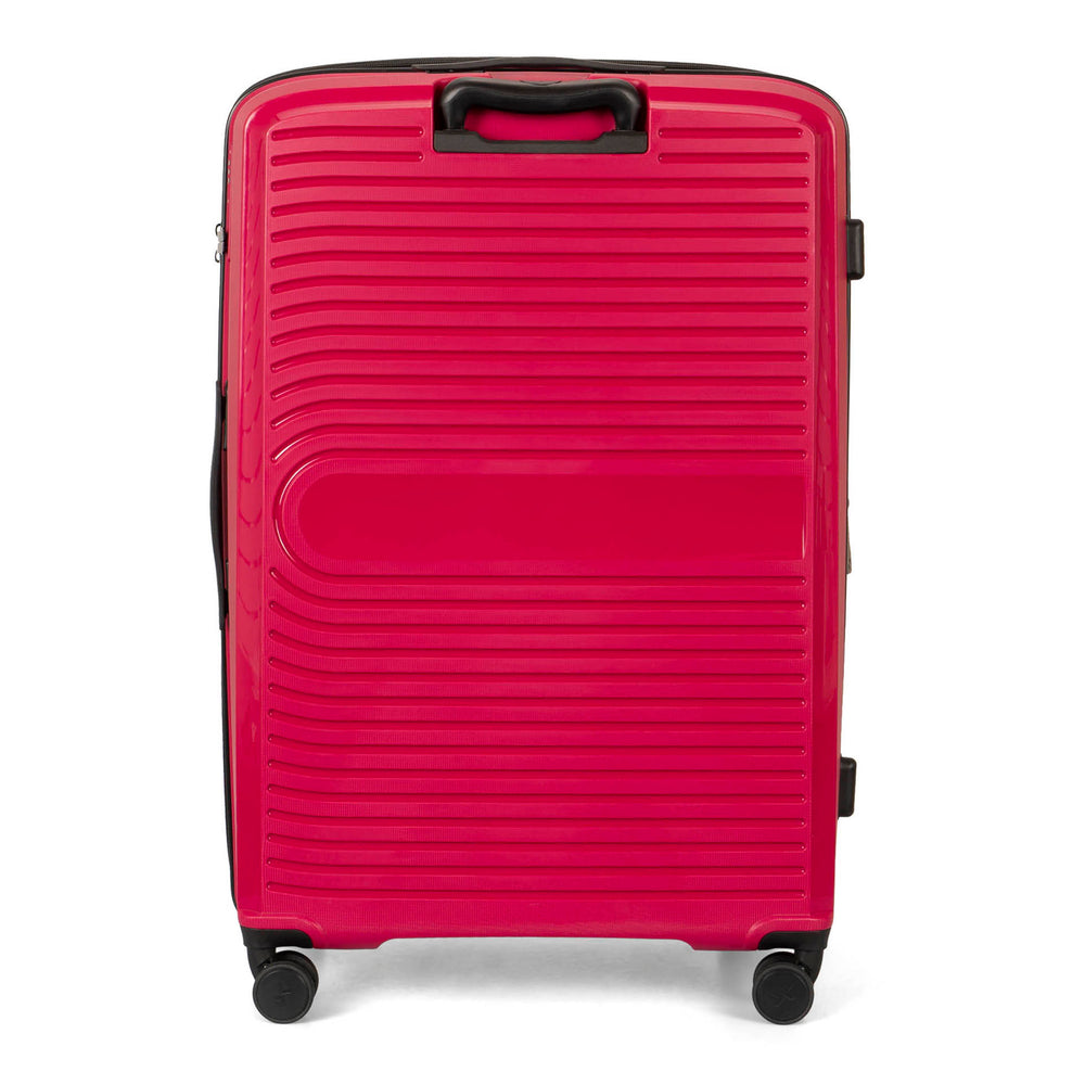 Back side of a red luggage called Dynamo designed by Tracker showing its telescopic handle and lined-pattern shell.