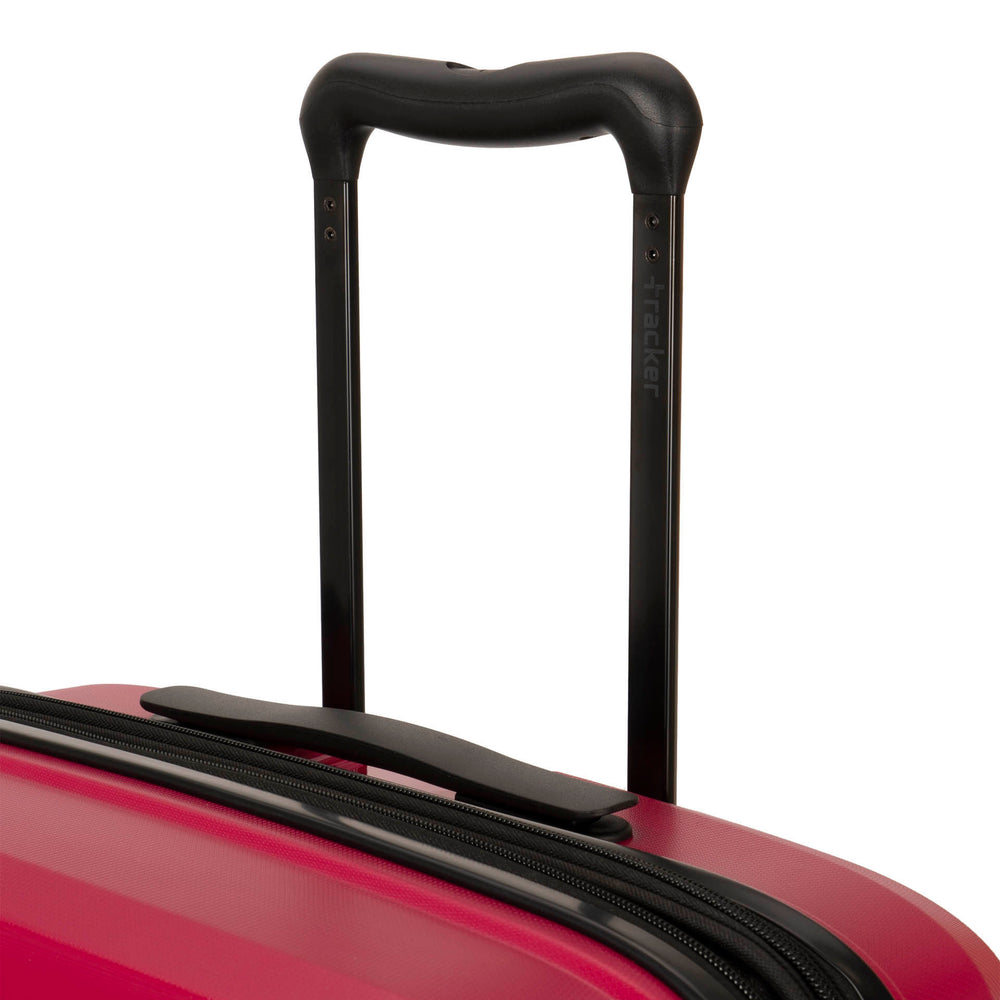 Close up of a red luggage called Dynamo designed by Tracker showing its telescopic handle with the brand logo printed on it.