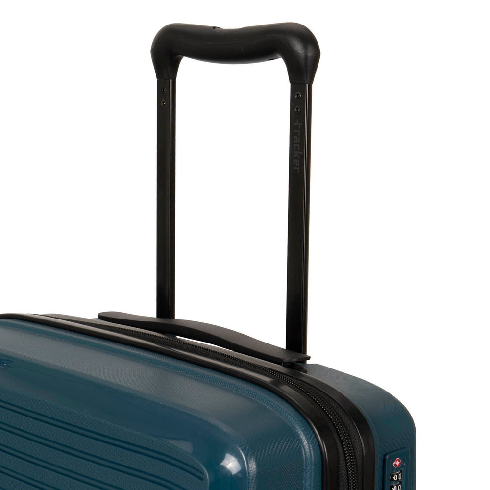 Close up of a navy luggage called Dynamo designed by Tracker showing its telescopic handle with the brand logo printed on it.