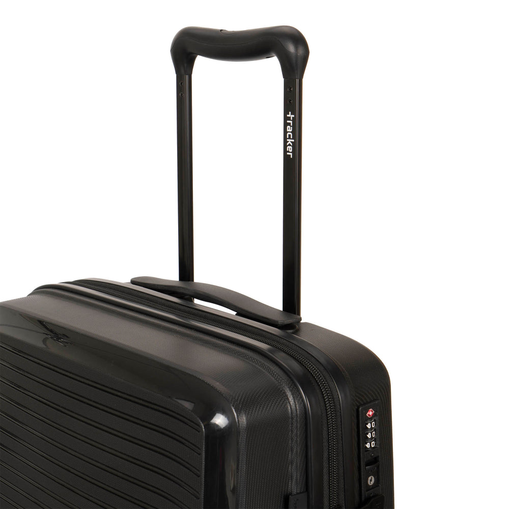 Close up of a black luggage called Dynamo designed by Tracker showing its telescopic handle with the brand logo printed on it.