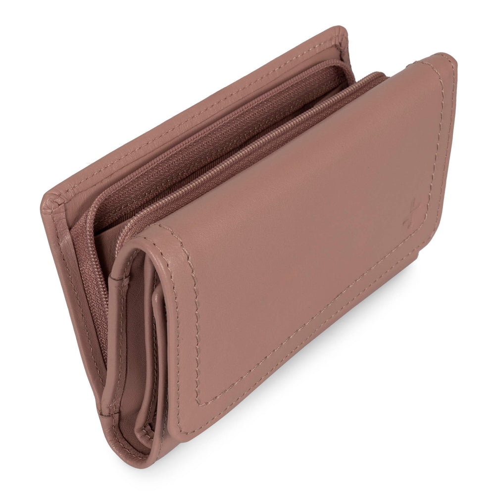 Angle interior view of a taupe flap wallet for women called Kara designed by Tracker showing its logo, main compartment, and soft leather.