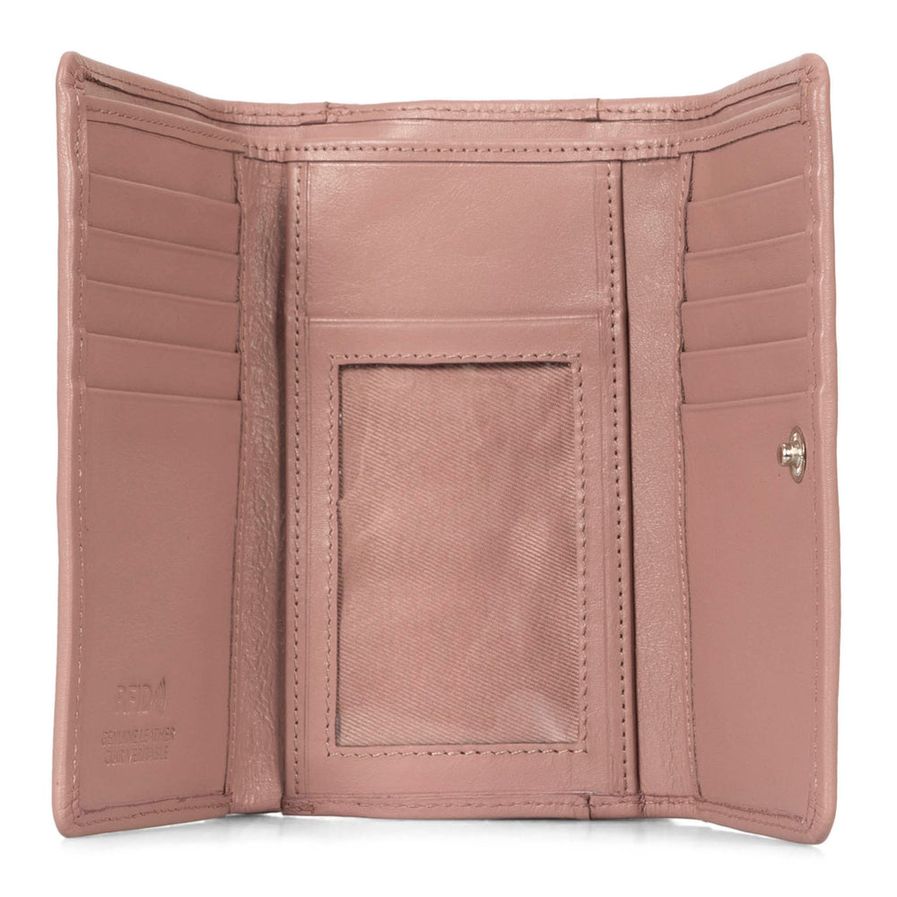 Interior view of a taupe flap wallet for women called Kara designed by Tracker showing the RFID logo embossed, multiple credit card slots, soft leather, and ID window.