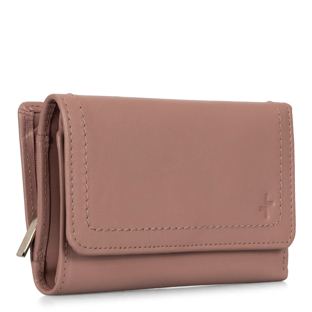 Angle view of a taupe flap wallet for women called Kara designed by Tracker showing its logo and soft leather.