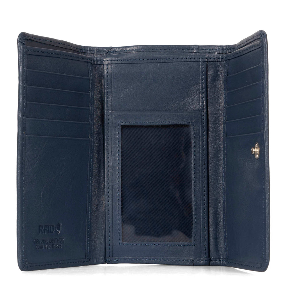 Interior view of a navy flap wallet for women called Kara designed by Tracker showing the RFID logo embossed, multiple credit card slots, soft leather, and ID window.