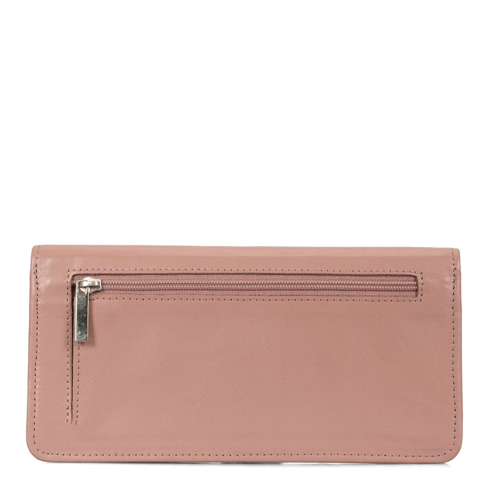 Back side of a pink women's wallet called Kelly designed by Tracker showing its hidden exterior compartment and smooth leather texture.