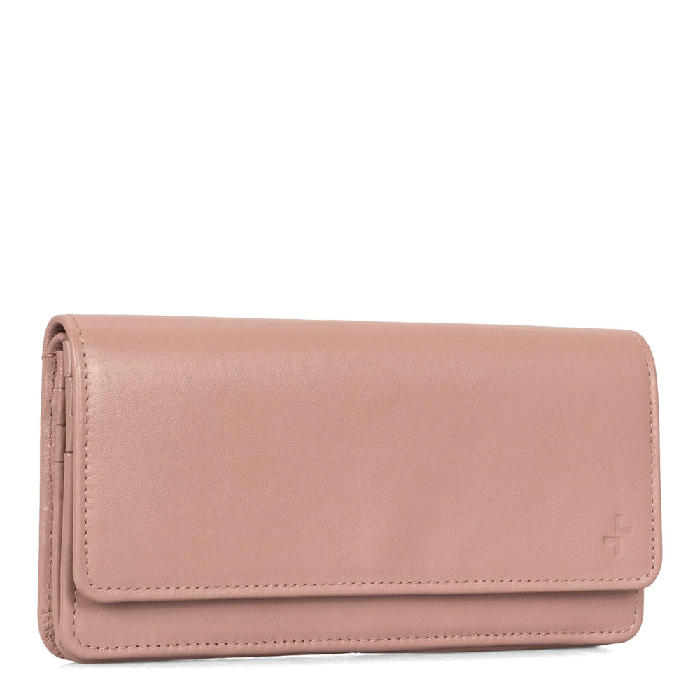 Front side of a pink women's wallet called Kelly designed by Tracker showing its leather texture and stitchings.