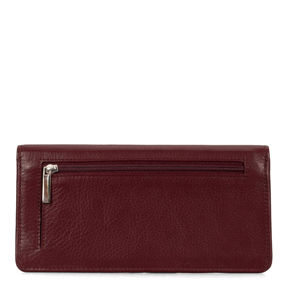 Back side of a burgundy women's wallet called Kelly designed by Tracker showing its hidden exterior compartment and smooth leather texture.