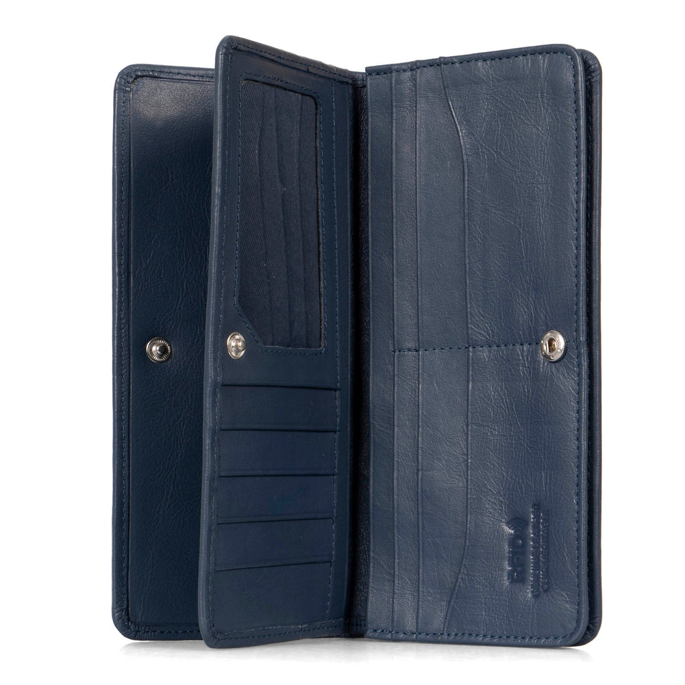 Interior view of a blue women's wallet called Kelly designed by Tracker showing multiple pockets, id window, and snap-button closure.