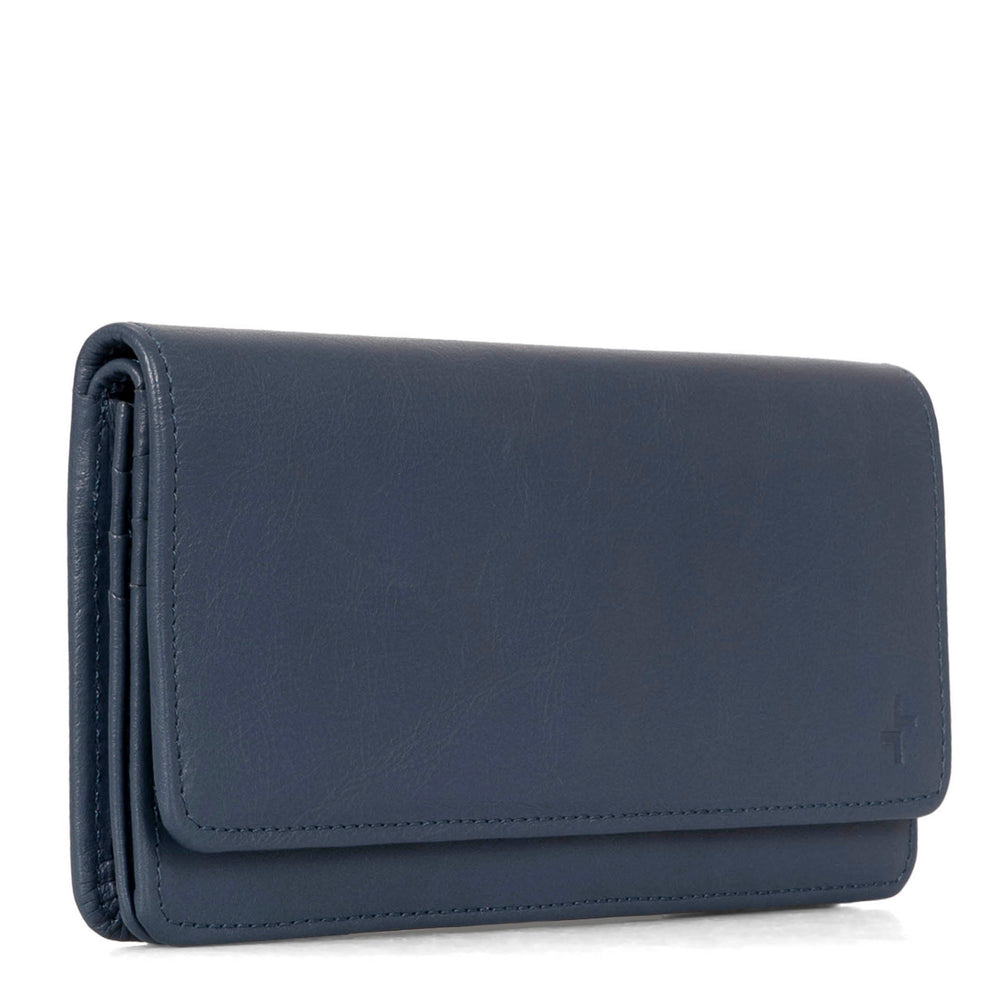 Front side of a blue women's wallet called Kelly designed by Tracker showing its leather texture and stitchings.