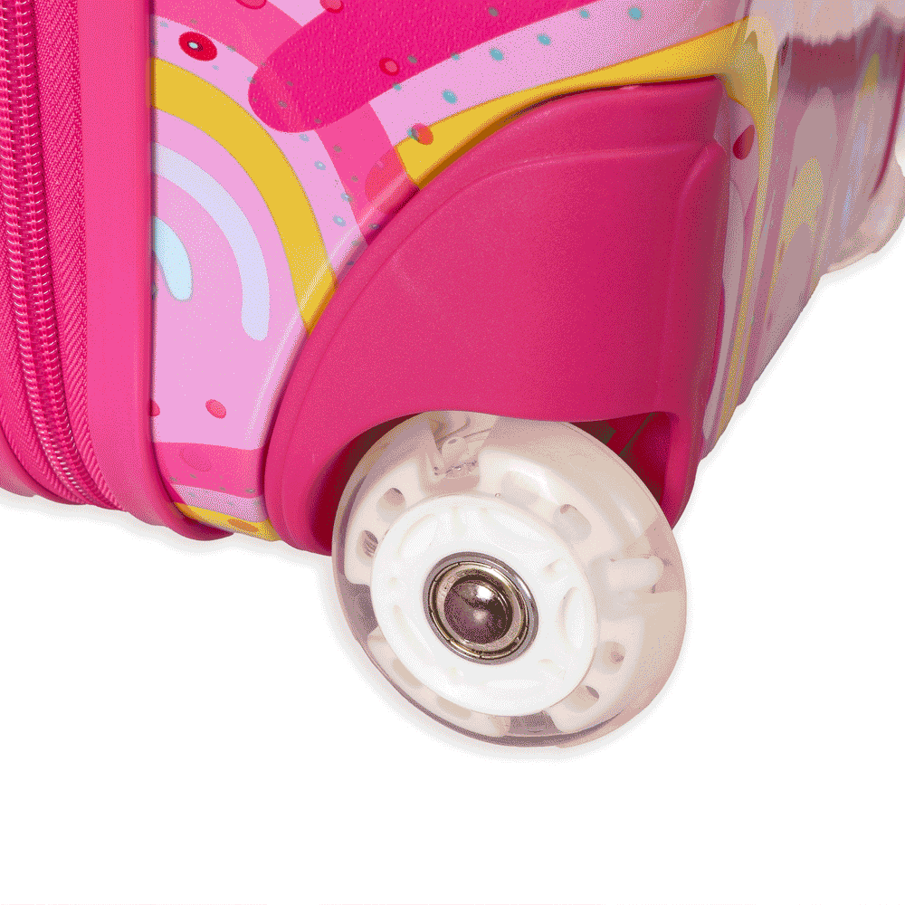 GIF of a colourful luggage wheel that illuminates with lights. 
