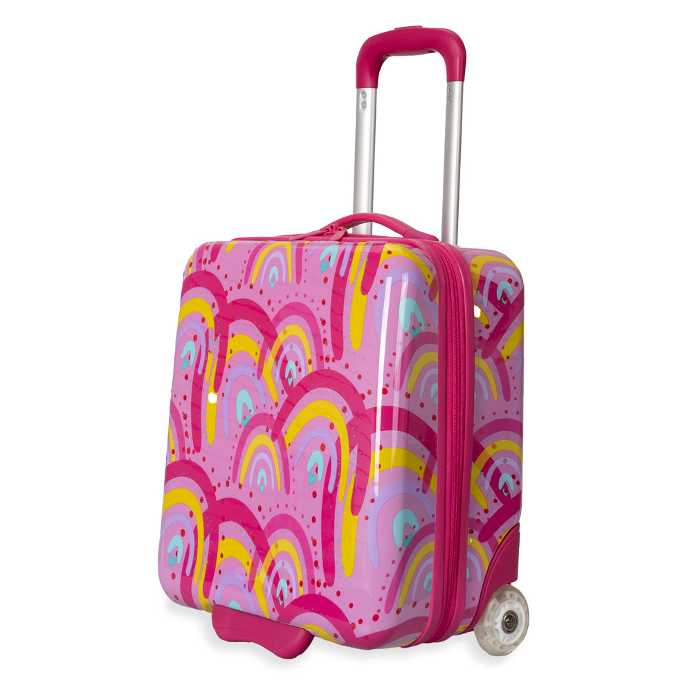 Angle of a yellow and pink rainbow-print kid's luggage designed by Triforce at Bentley on a white background, showcasing its telescopic handle.