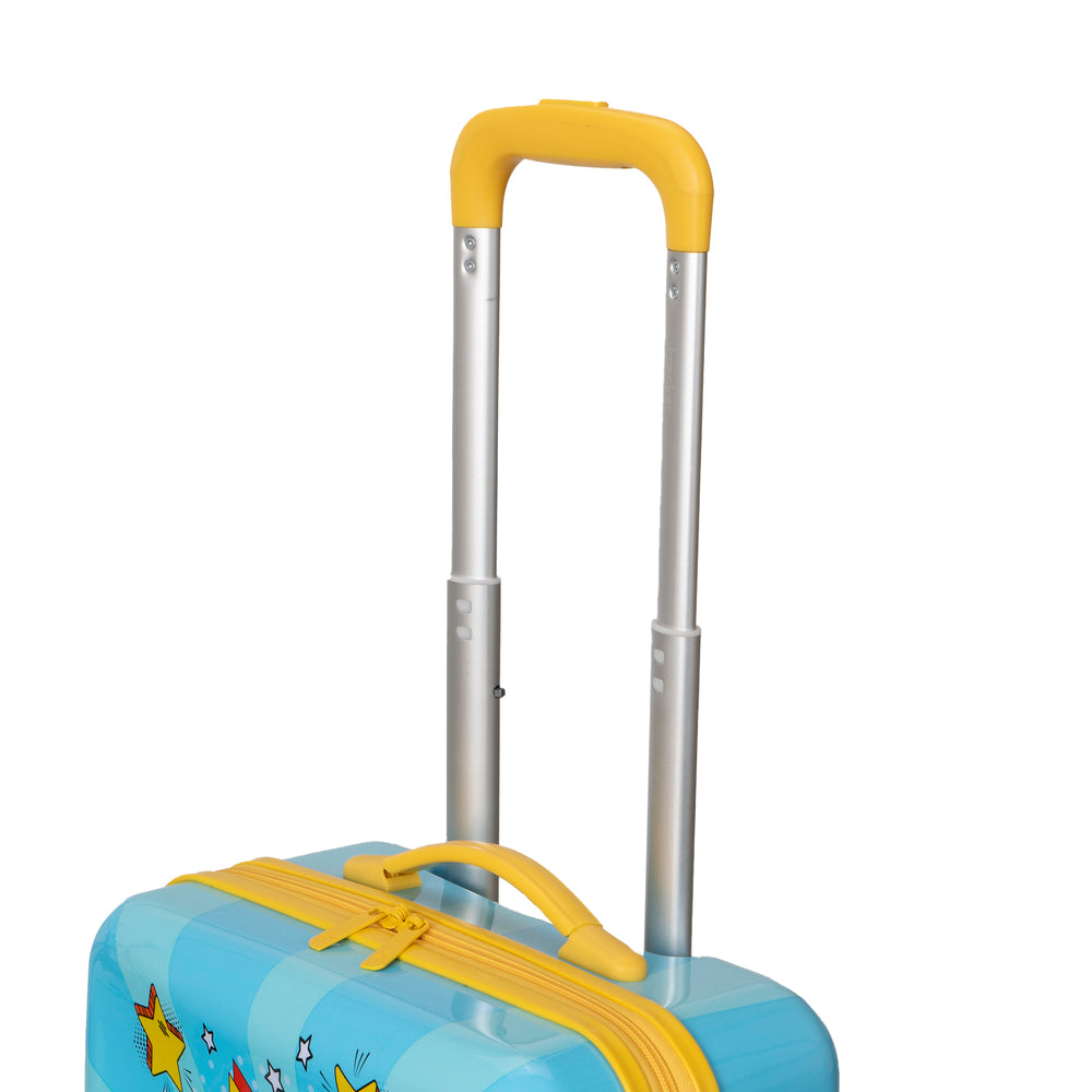 Long luggage telescopic handle of a kid's luggage designed by Triforce sold at Bentley on a white background.