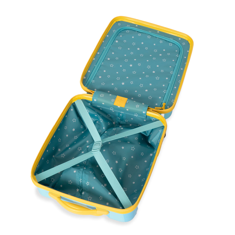 Interior of a kids luggage designed by Triforce sold at Bentley on a white background, showcasing its compression straps and blue lining, yellow zipper, and yellow handle.