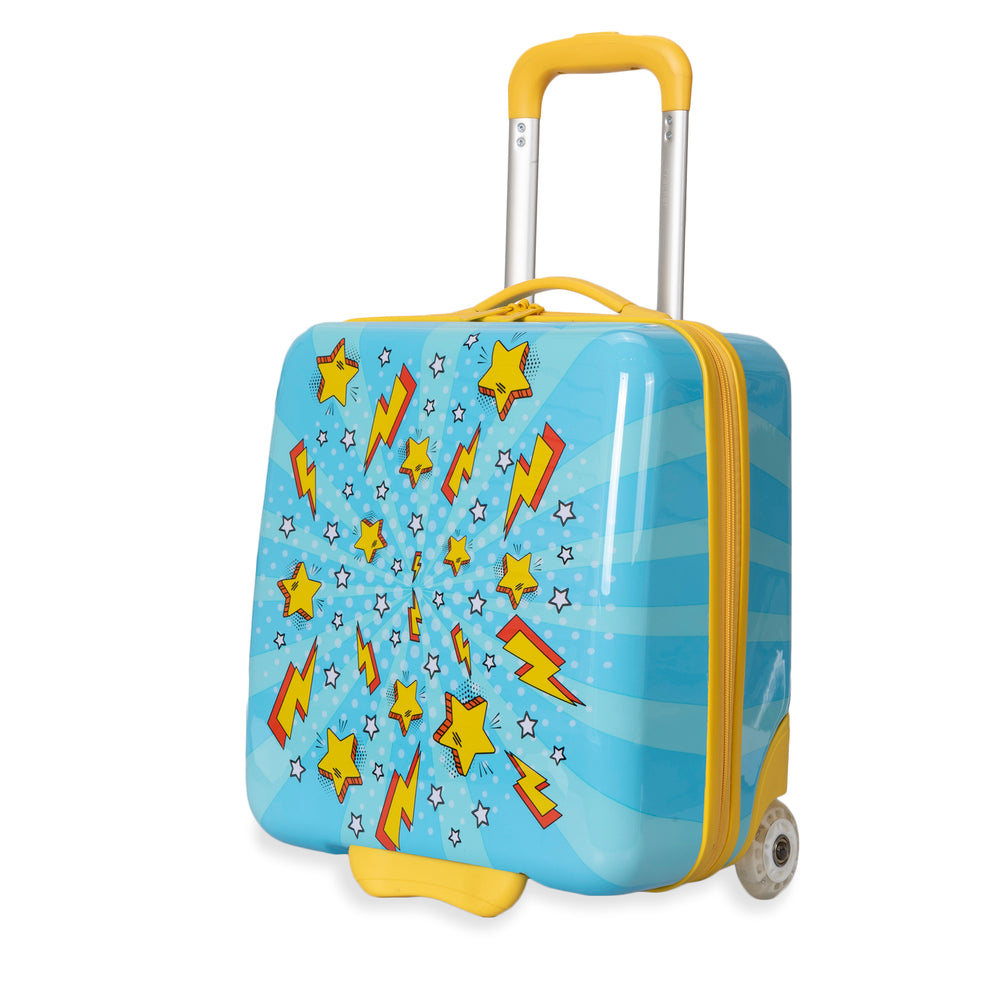 Angle side of a yellow and blue star and lightning-print kid's luggage designed by Triforce at Bentley on a white background, showcasing its telescopic handle.