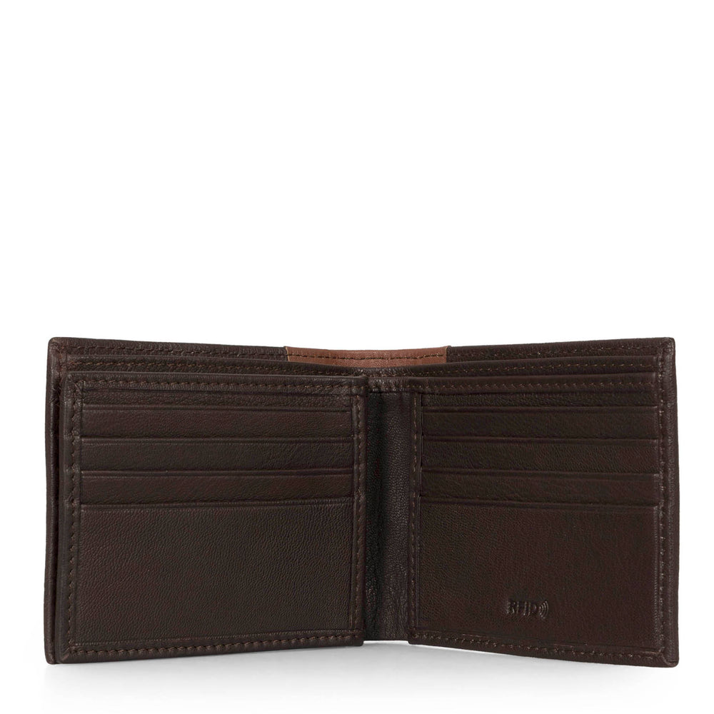 Interior view of a two-toned brown cognac leather wallet called colwood designed by Tracker, show casing its many pockets and the RFID logo at the bottom right.