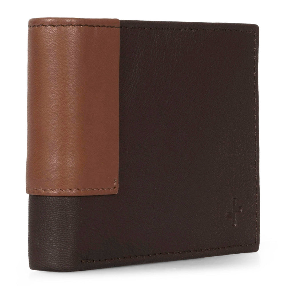 Angle view of a two-toned brown cognac leather wallet called colwood designed by Tracker, show casing its supple texture and tracker logo at the bottom right corner.