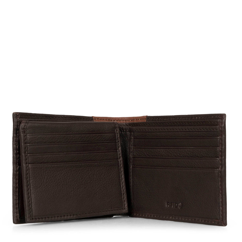 Interior view of a dark brown wallet called Calwood designed by Tracker, showcasing its numerous credit card pockets, RFID logo at the bottom right corner, and soft leather texture.