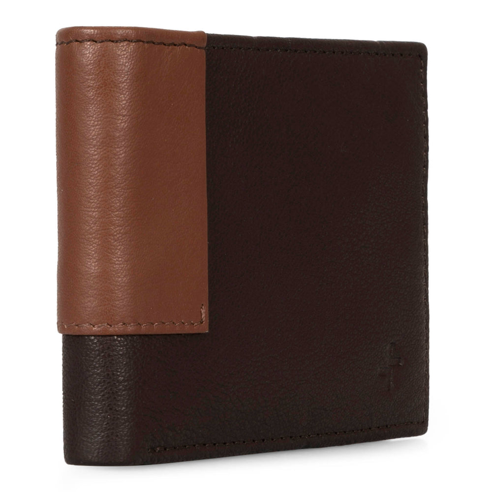 Angle view of a dark brown and light brown wallet called Calwood designed by Tracker, showcasing a soft leather texture and a tracker logo located at the bottom right corner.