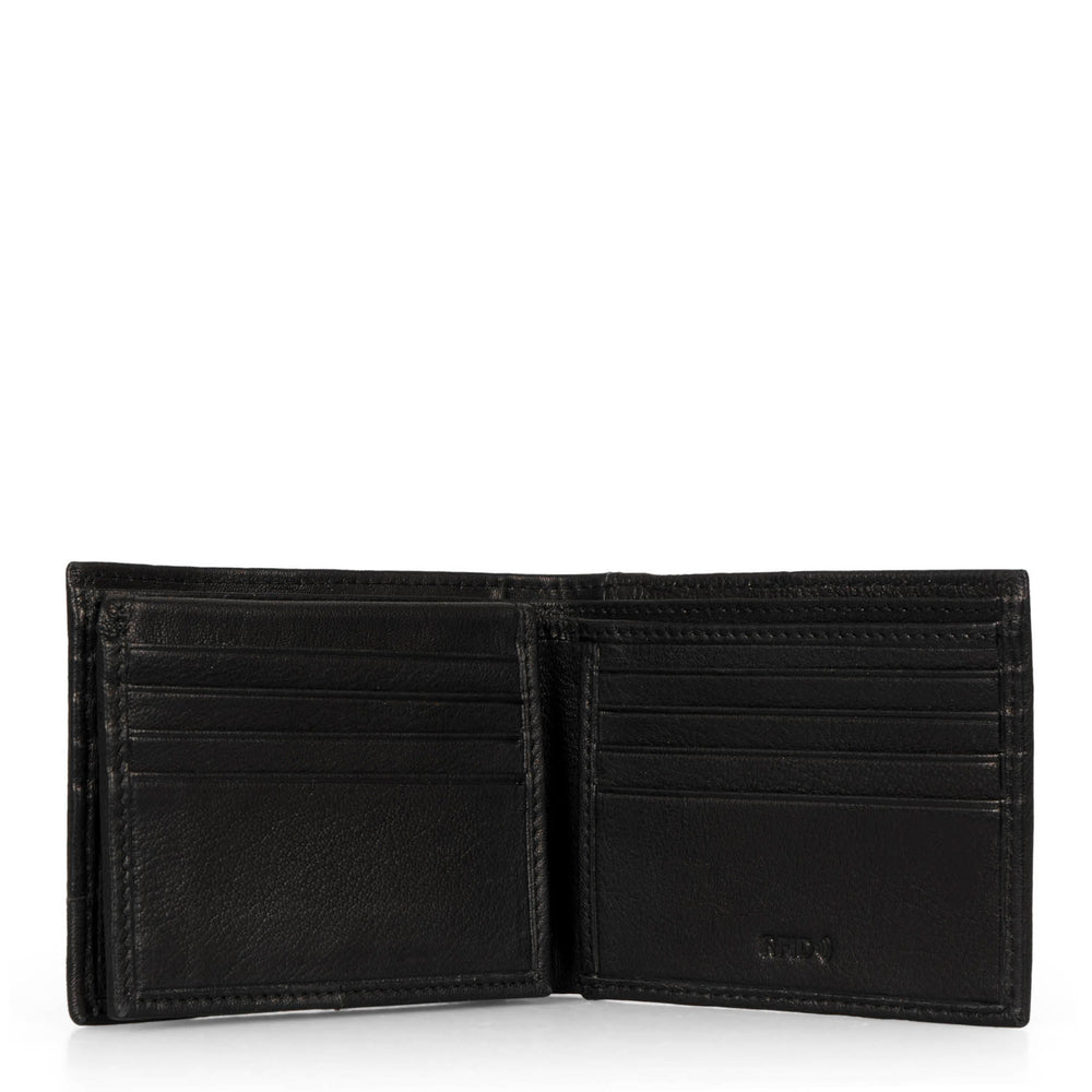 Interior view of a black wallet called Calwood designed by Tracker, showcasing its numerous credit card pockets, RFID logo at the bottom right corner, and soft leather texture.