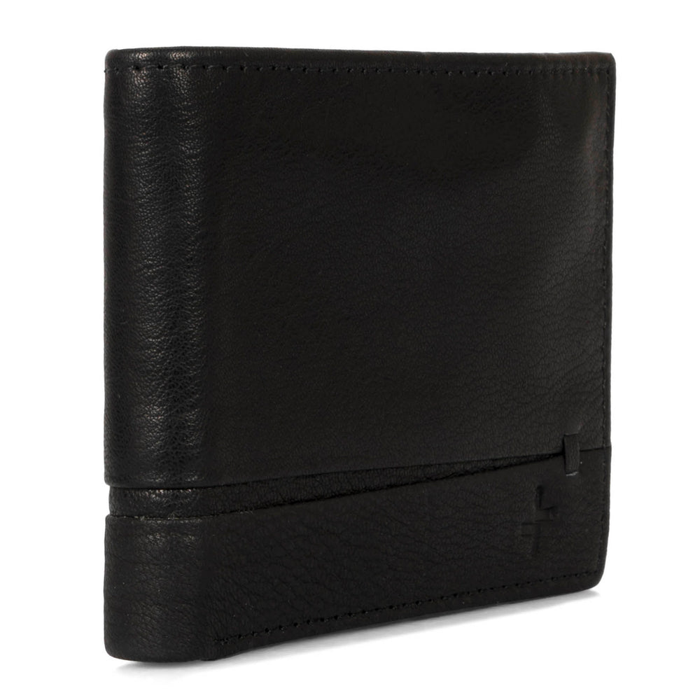 Angle view of a black wallet called Calwood designed by Tracker, showcasing a soft leather texture and a tracker logo located at the bottom right corner.