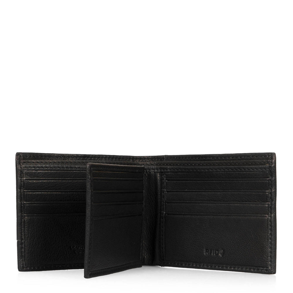 Interior view of a black leather wallet called Colwood designed by Pelle, showcasing its supple leather and a RFID logo at the bottom right corner.