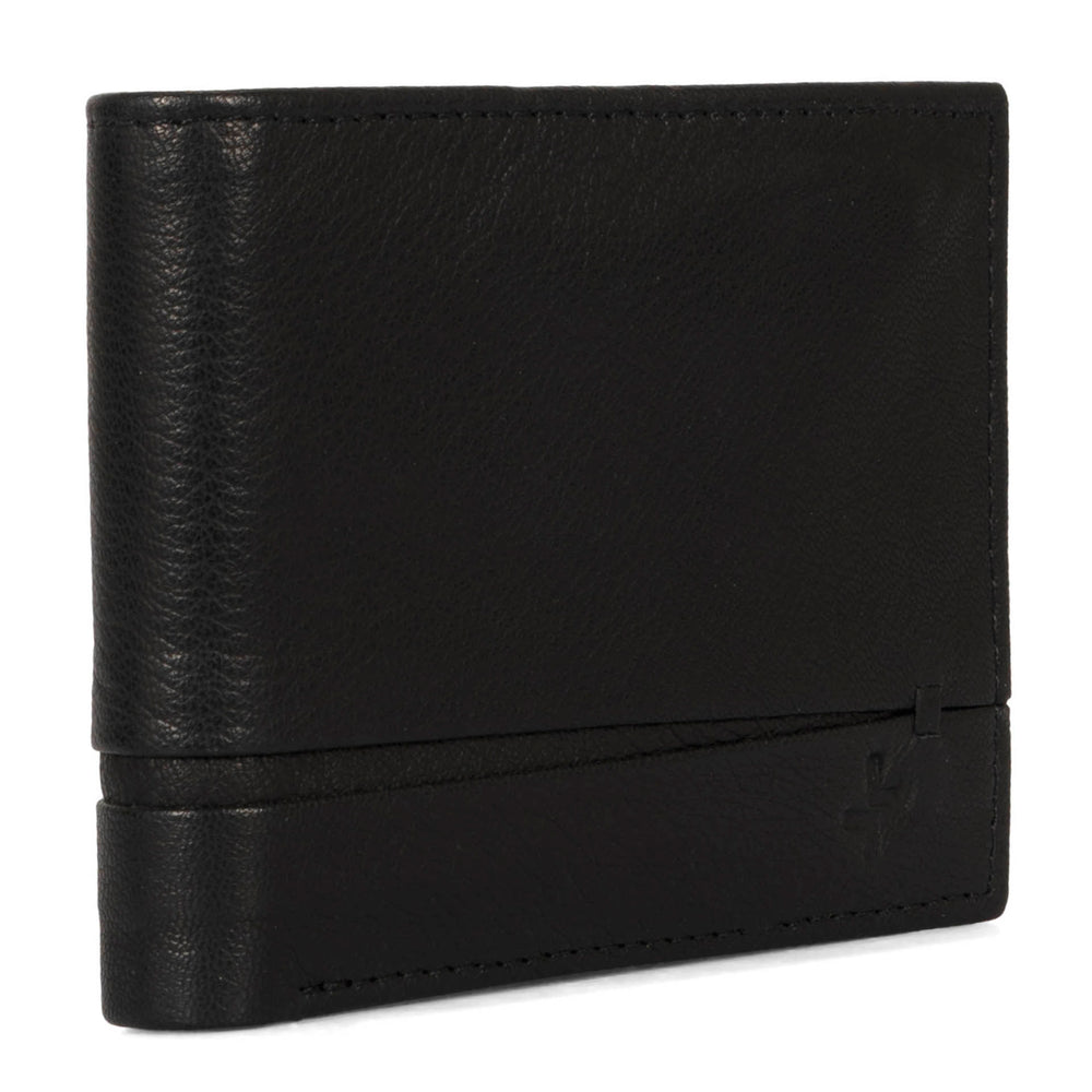 Angle view of a black leather wallet called Colwood designed by Pelle, showcasings its supple leather and tracker logo located at the bottom right corner.