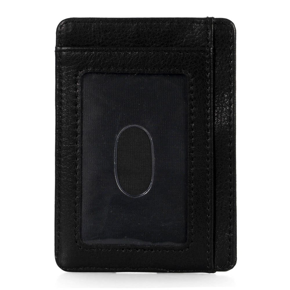 Backside view of a black leather wallet called Fresh designed by Tracker on a white background, showcasing its ID card slot and 1 slip pocket.