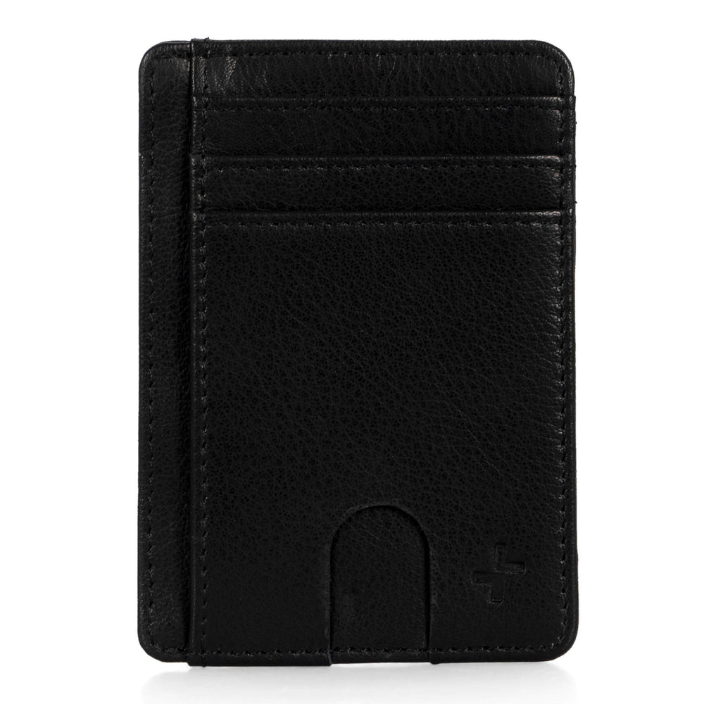 Front of a black leather wallet called Fresh designed by Tracker on a white background, showcasing its 3 credit card slots and 1 slip pocket.