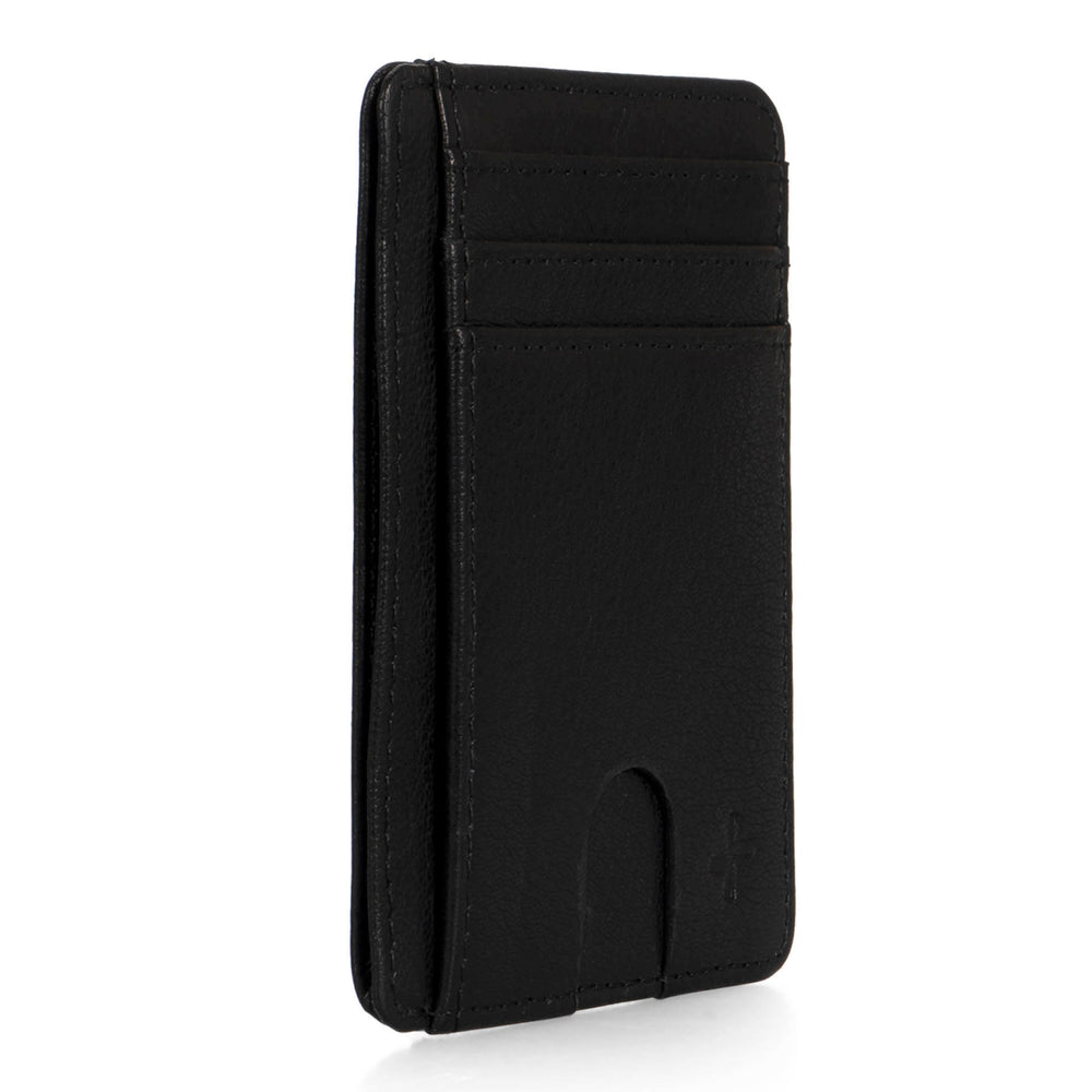 Angle view of a black leather wallet called Fresh designed by Tracker on a white background, showcasing its 3 credit card slots and 1 slip pocket.