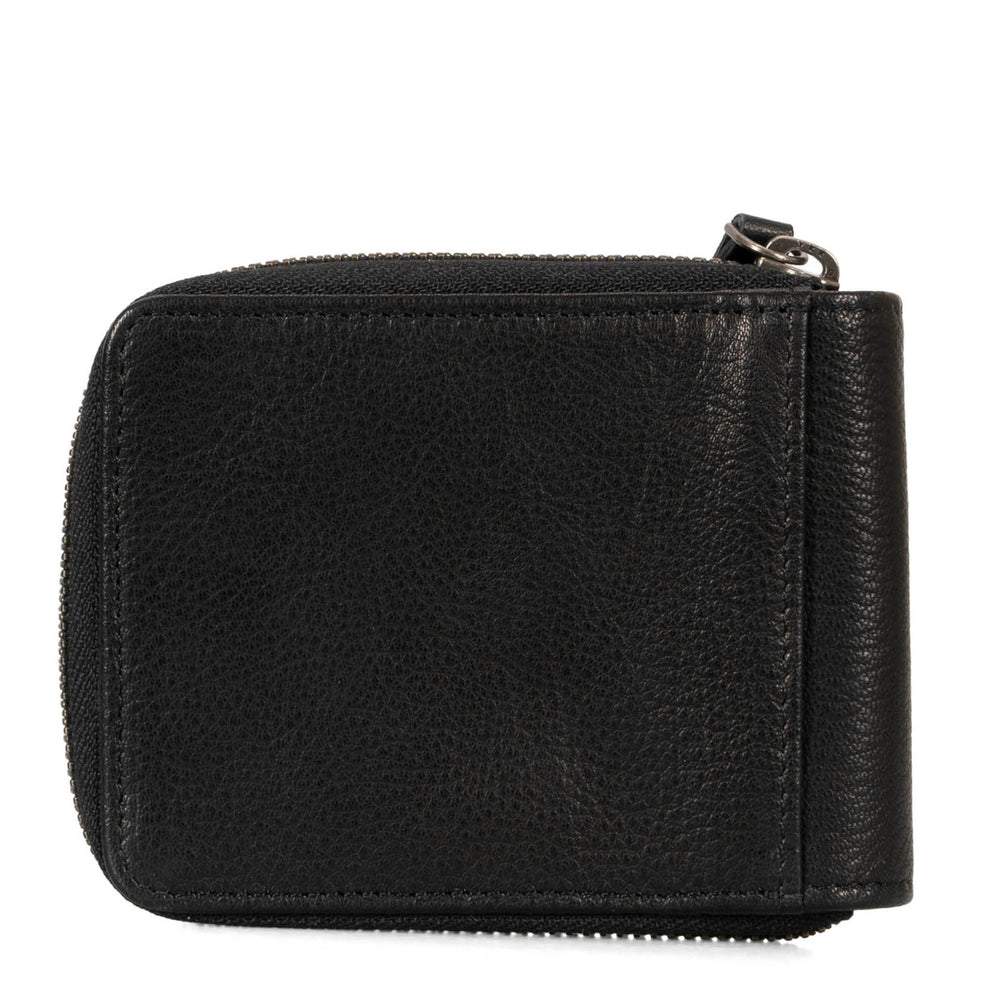 Back side of a black wallet called Fresh by Tracker, showing its soft leather.