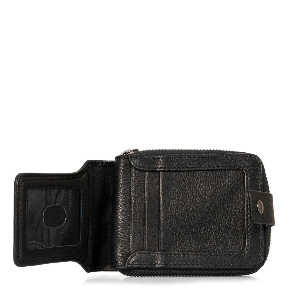 Interior view of a black wallet called Fresh by Tracker, showing its ID window, snap-button closure, credit card slots, and soft leather.