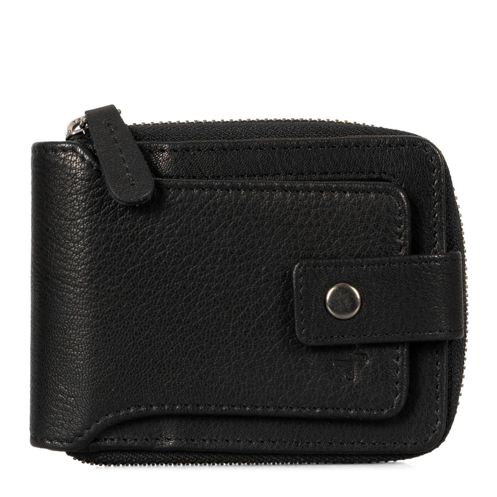 Front side of a black wallet called Fresh by Tracker, showing its pull tab, snap-button closure, and soft leather.