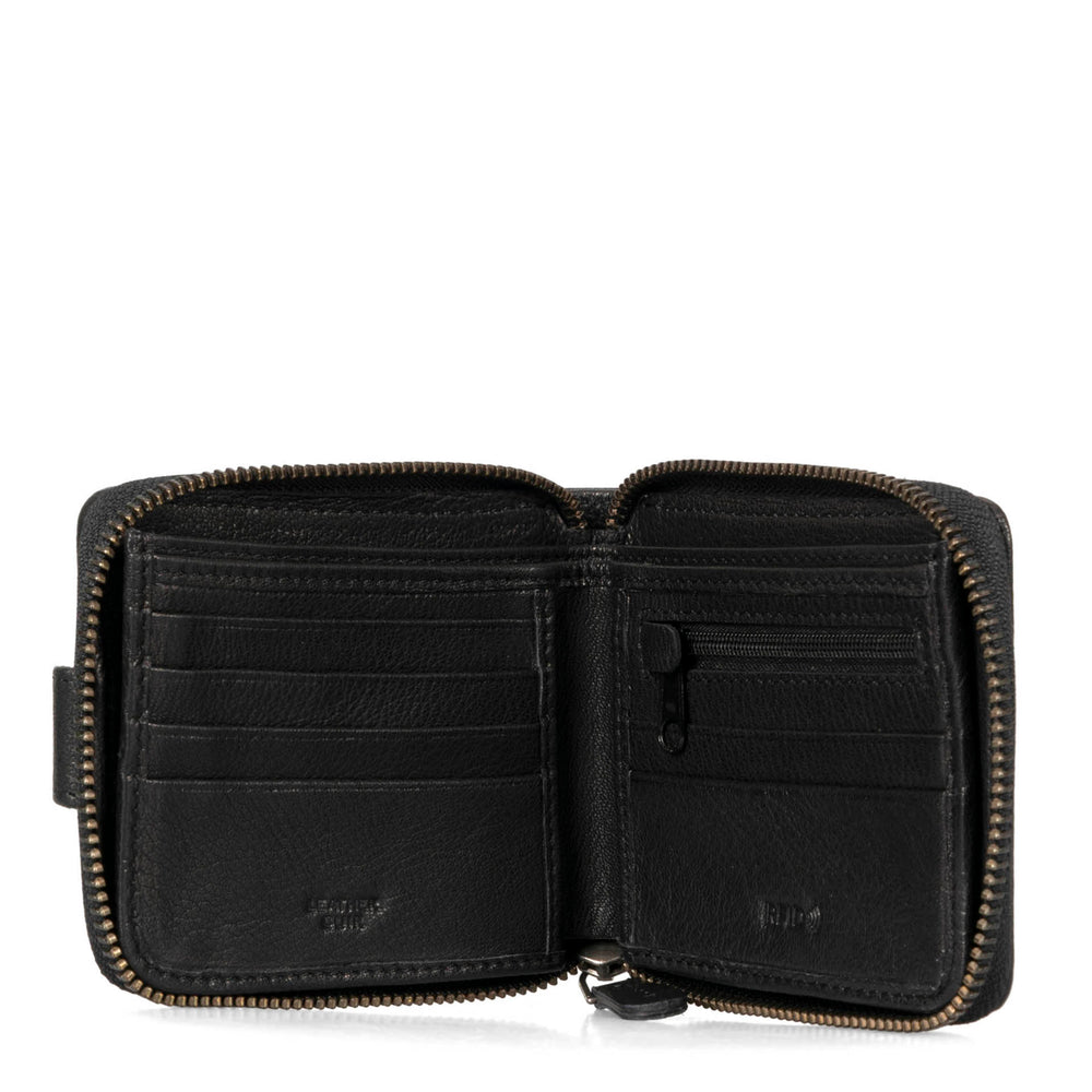 Interior view of a black wallet called Fresh by Tracker, showing its pull tab, zipper coin pocket, credit card slots, and soft leather.