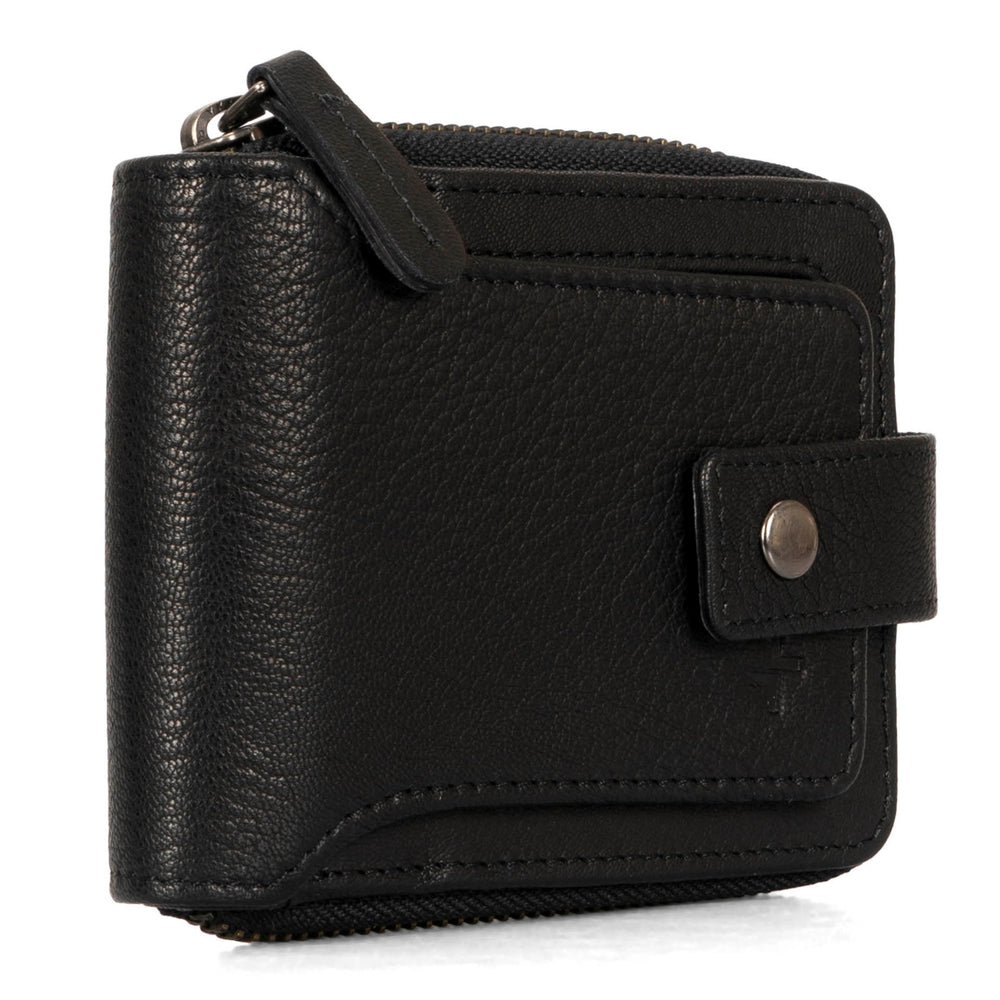 Angle view of a black wallet called Fresh by Tracker, showing its pull tab, snap-button closure, and soft leather.