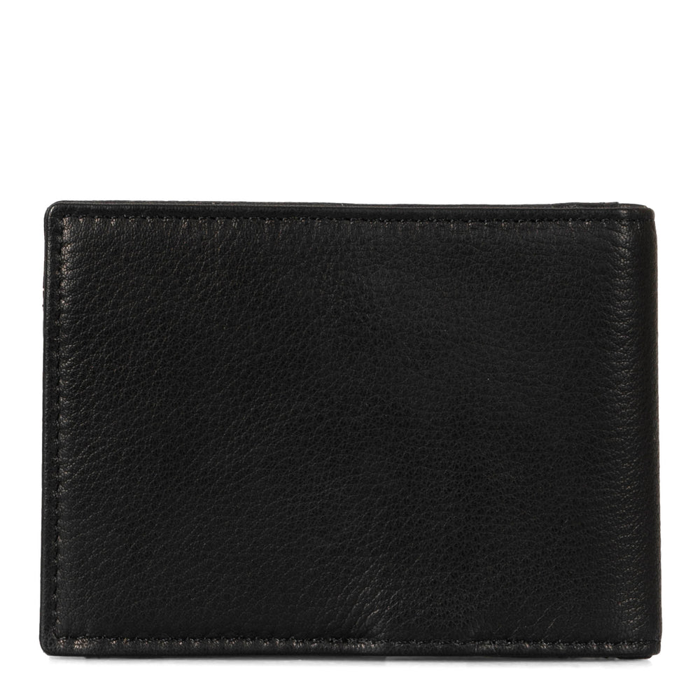 Back side of a leather black bi-fold wallet called Fresh by Tracker on white background, showing its smooth texture.