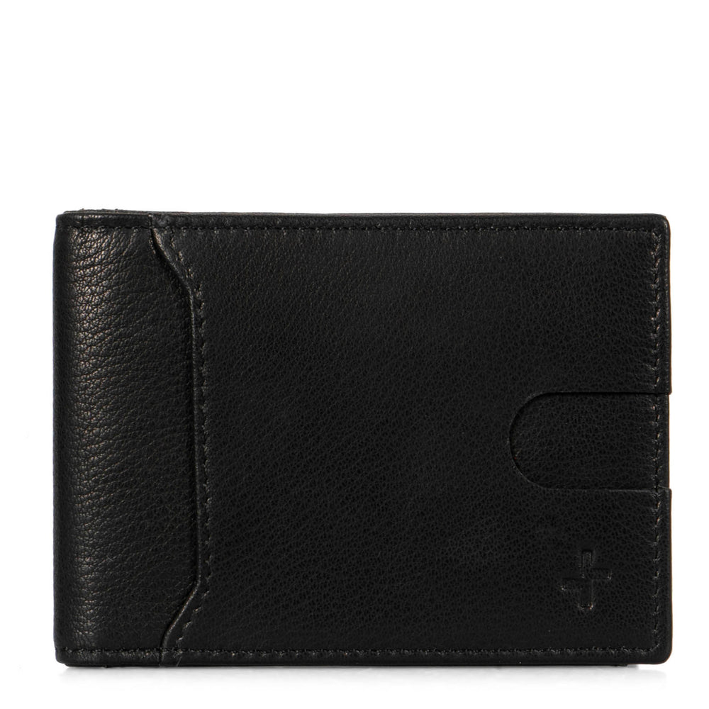 Front side of a leather black bi-fold wallet called Fresh by Tracker on white background, showing its front slip pocket and smooth texture.