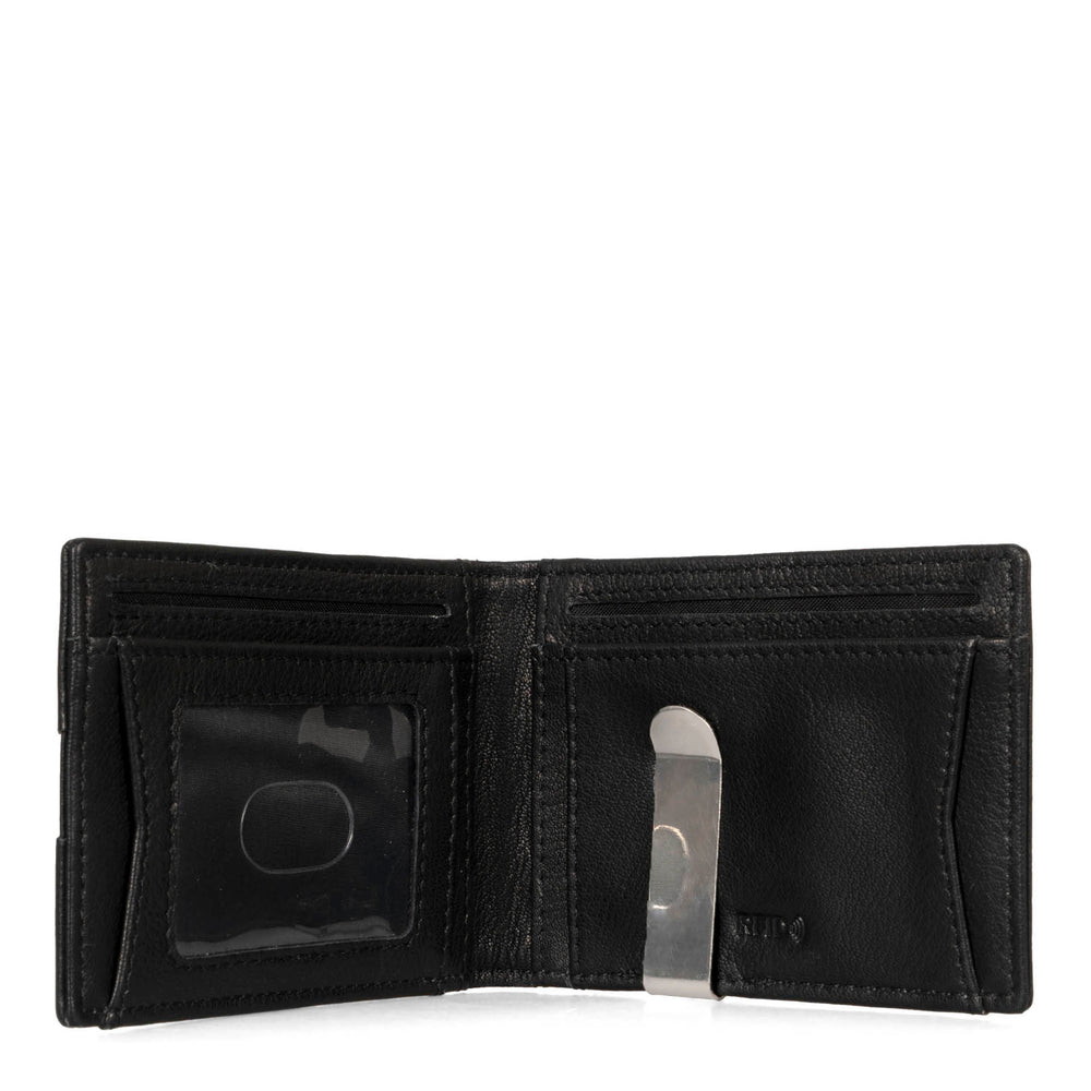 Interior of a leather black bi-fold wallet called Fresh by Tracker on white background, showing its multiple card pockets, a money clip, and i.d. window.