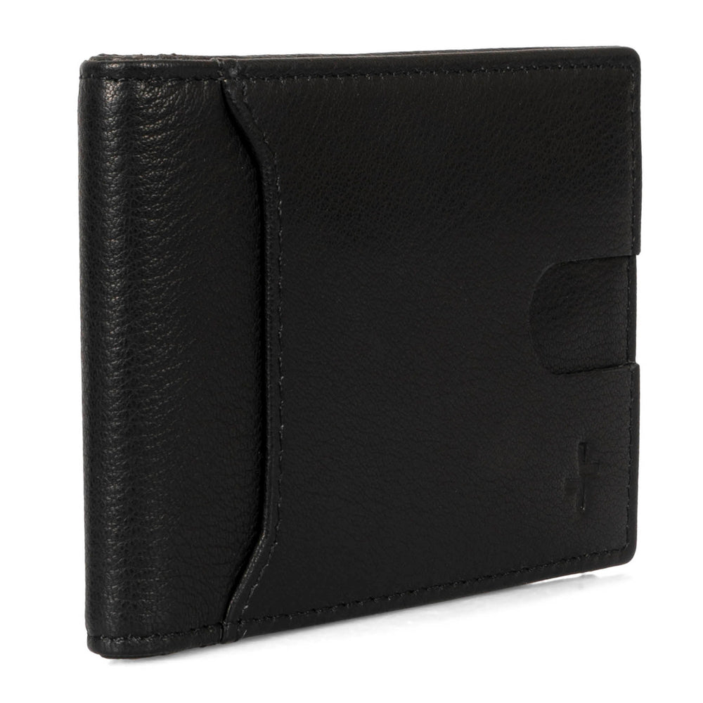 Angle view of a leather black bi-fold wallet called Fresh by Tracker on white background, showing its front slip pocket and smooth texture.